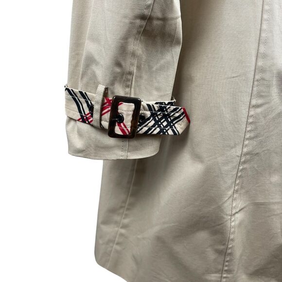 IMAN Women's Trench Coat Medium Beige Cotton Belted Double Breasted Plaid Trim - Picture 6 of 13